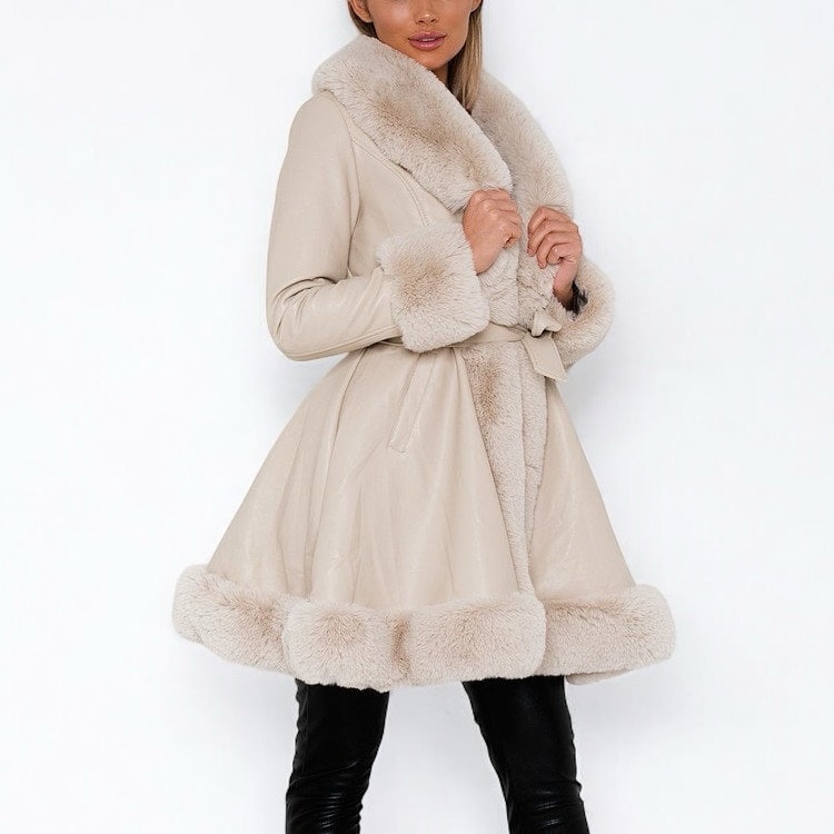 Tu.Luxe Elegant Beige/Cream Faux Fur Trim Coat - Winter Wonderland Collection
